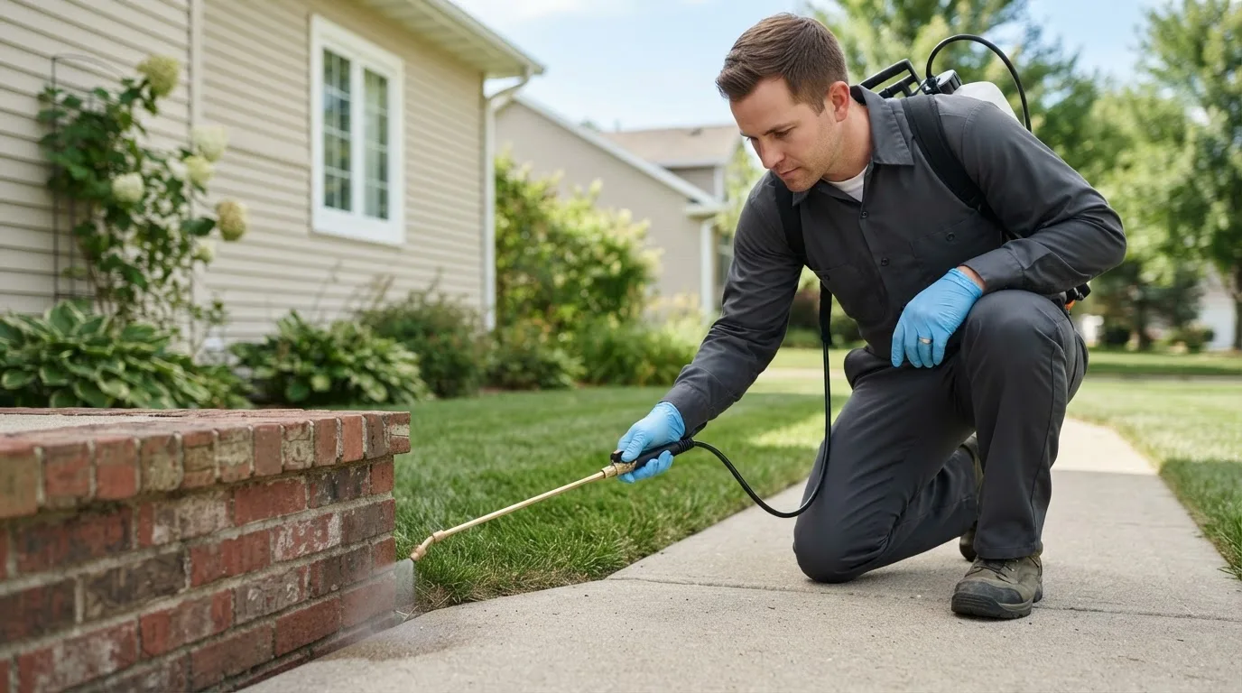 Pest control technician treating a home near Mexico, ME